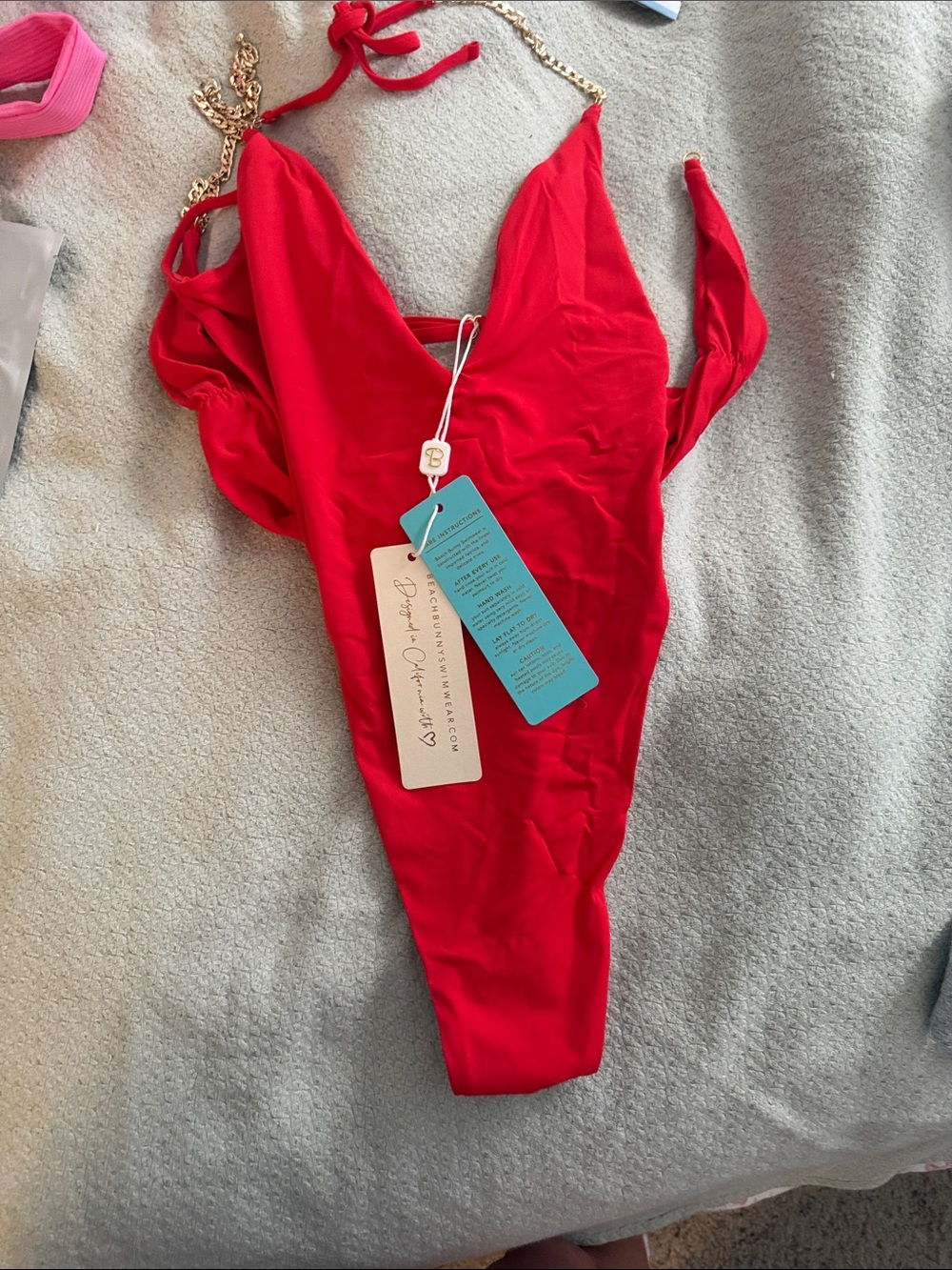 Beach Bunny Red One-Piece Swimsuit with Gold Chain Straps